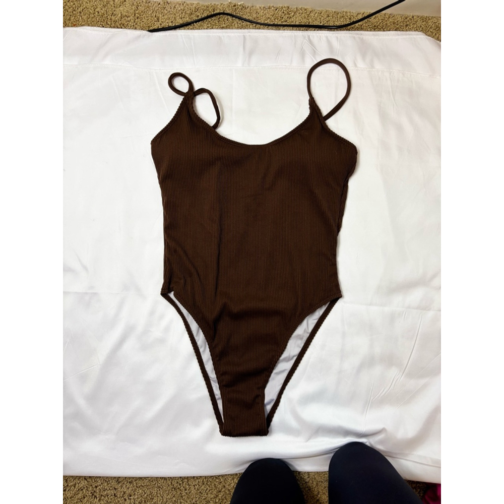 Women's Brown Ribbed One-Piece Swimsuit - Size L nwot